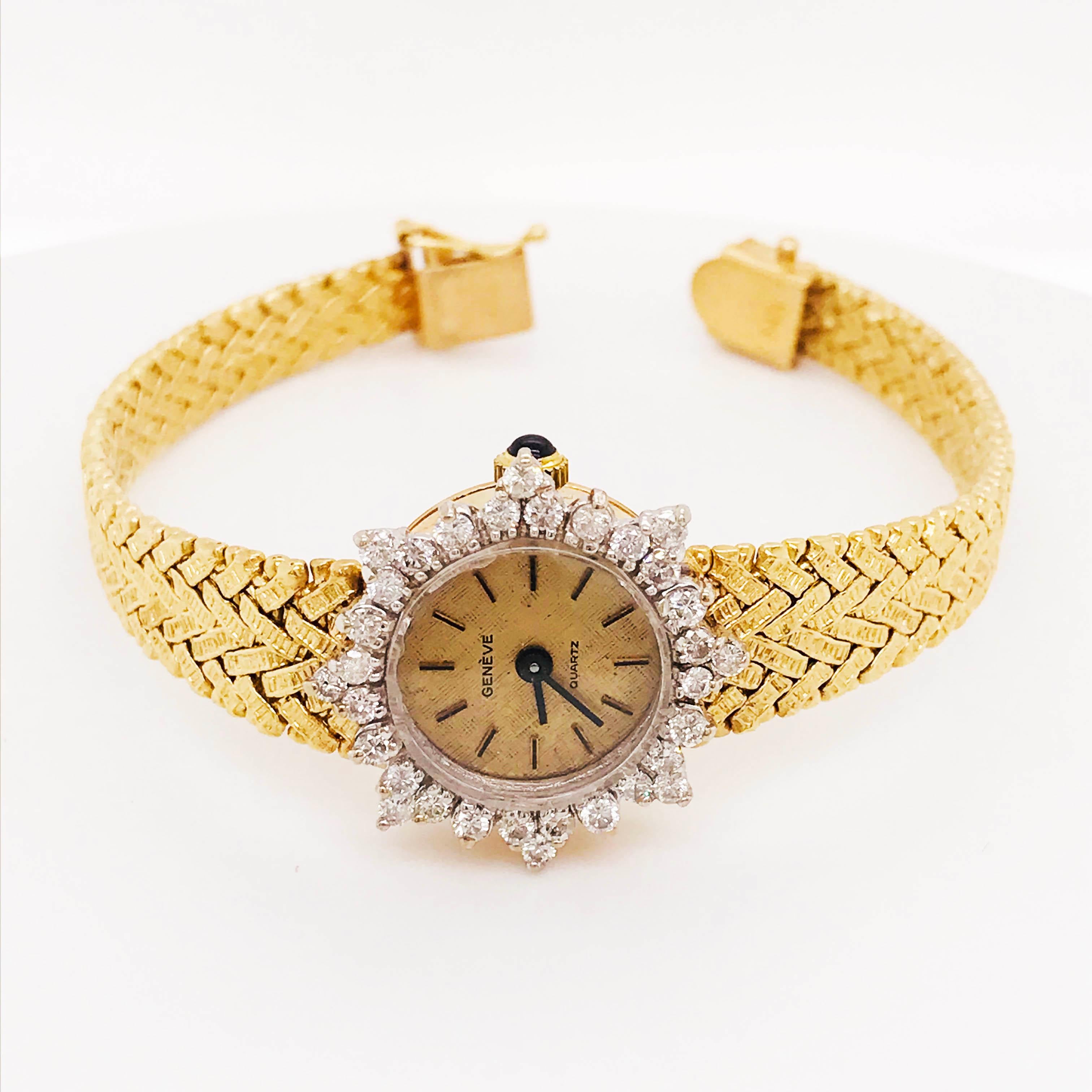 geneve quartz 14k gold watch with diamonds