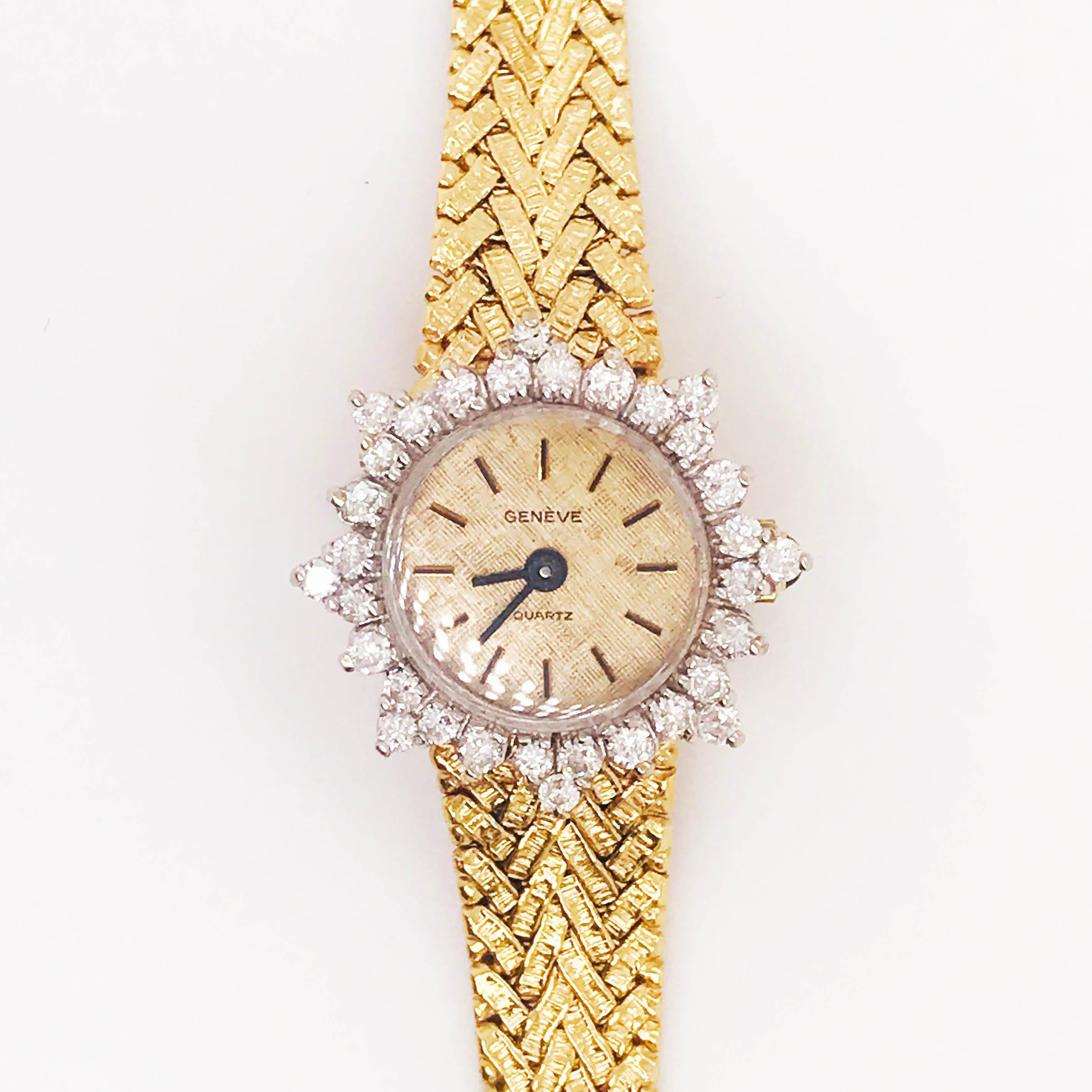 1.50 Carat Diamond Bezel Geneve Quartz Ladies Gold Watch, 14 Karat Yellow Gold In Excellent Condition In Austin, TX