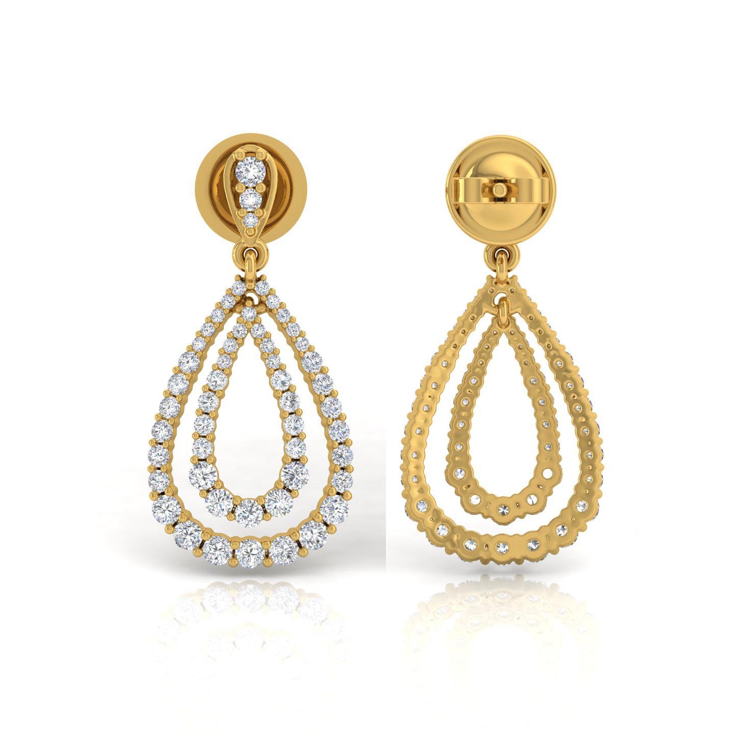 Women's 1.50 Carat Diamond Dangle Earrings 18 Karat Yellow Gold Handmade Fine Jewelry For Sale