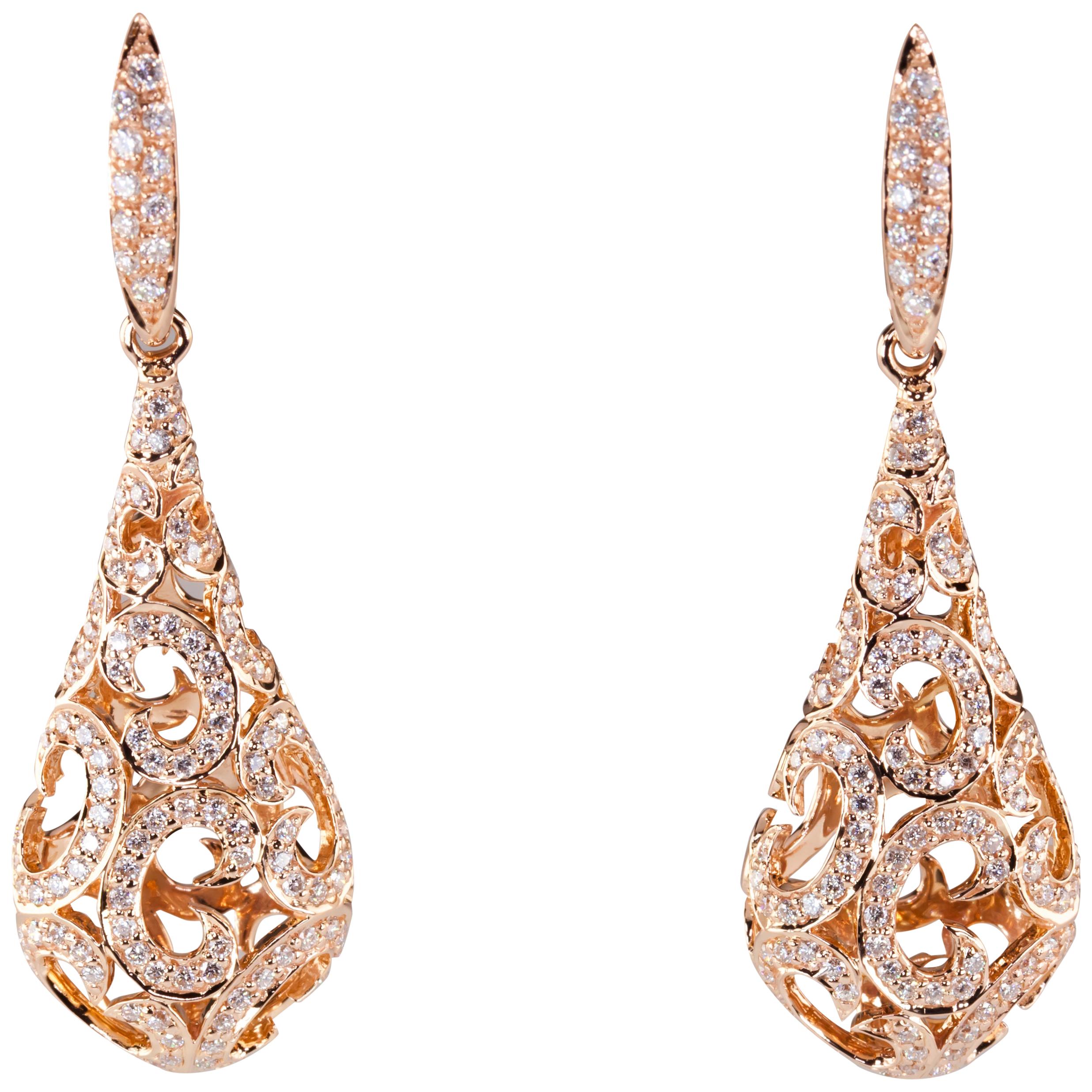 1.50 Carat Diamond Dangle Puff Earrings "C" Motif in Rose Gold