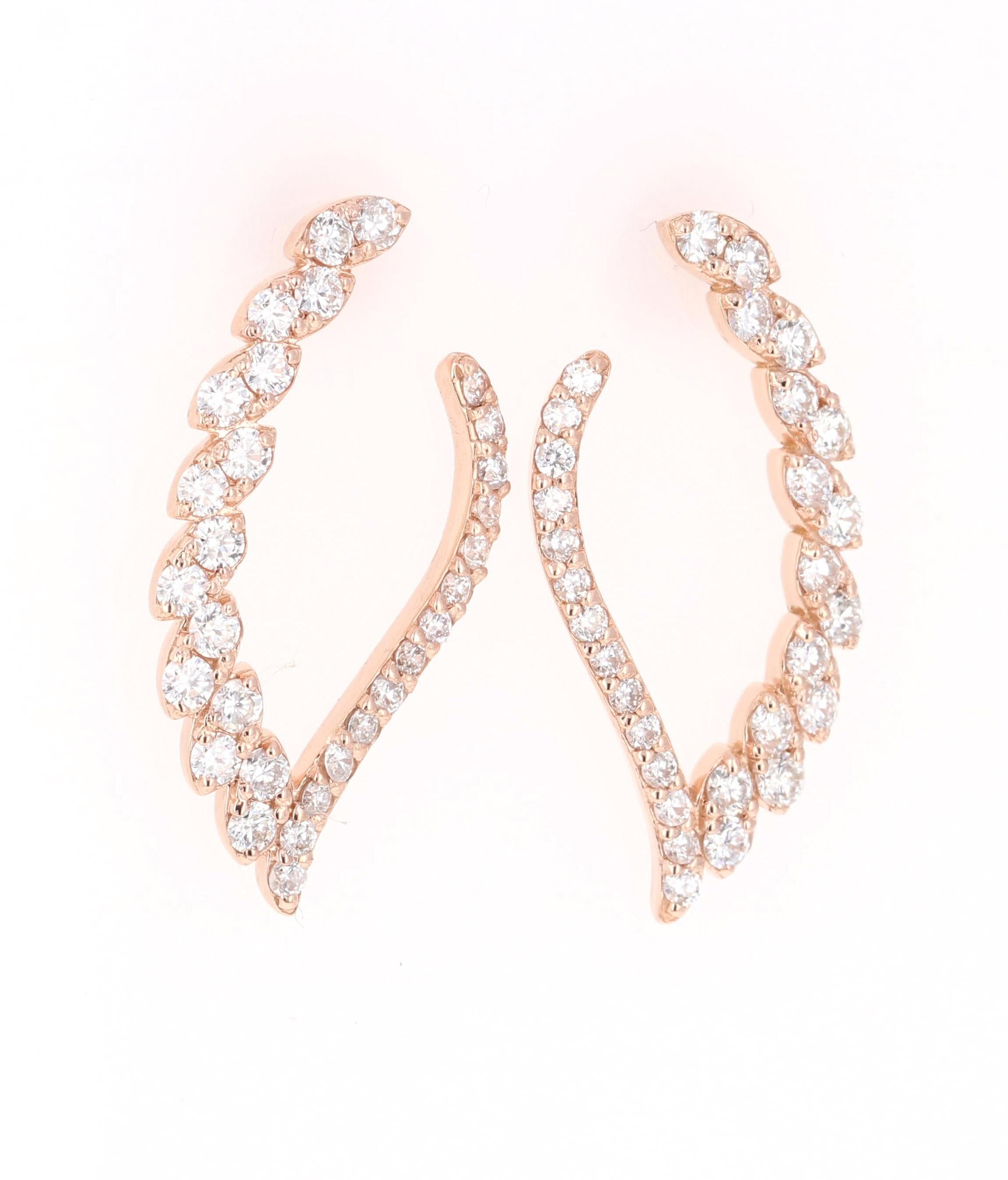Delicate and Darling Diamond Dazzlers!
These beauties can be worn formally or even casually. 
60 Round Cut Diamonds weighing 1.50 Carats, Clarity: SI, Color: F
14 Karat Rose Gold, 4.6 grams 

1 inch long. 