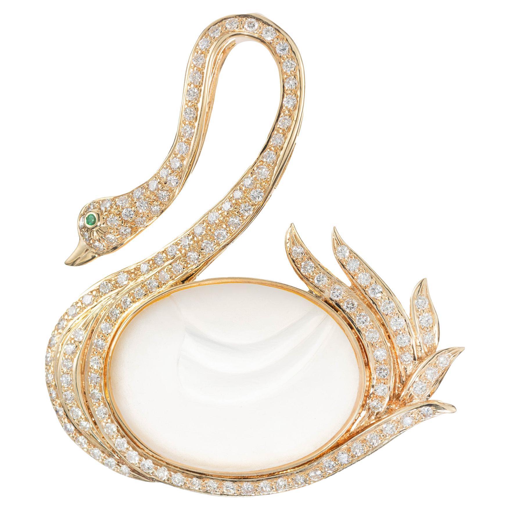 1.50 Carat Diamond Emerald Angel Skin Quartz Yellow Gold Swan Brooch For Sale