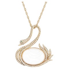 1.50 Carat Diamond Emerald Angel Skin Quartz Yellow Gold Swan Brooch Necklace