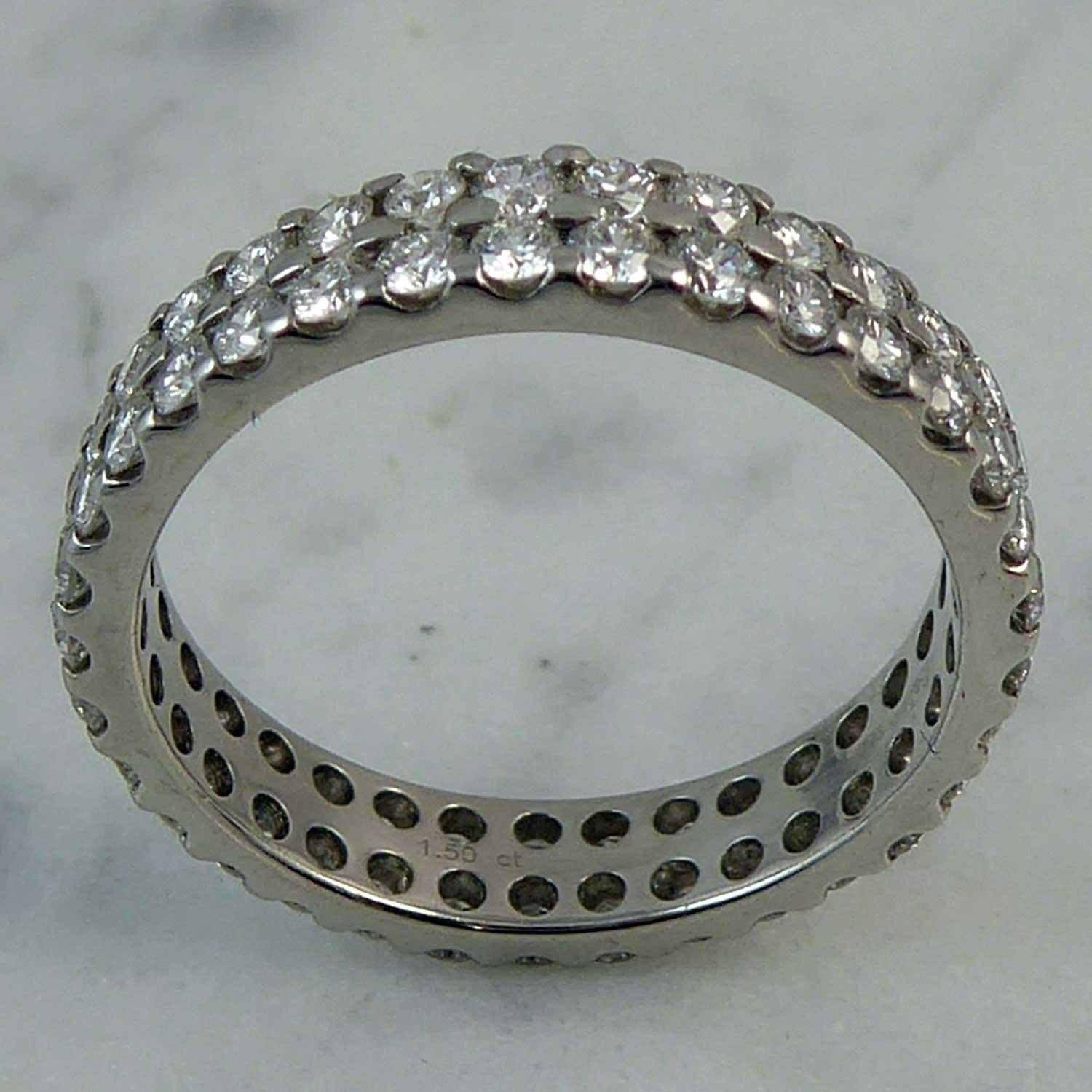 Round Cut 1.50 Carat Diamond Eternity Ring, Double Row Band, Platinum, Pre-Owned 