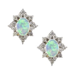 1.50 Carat Diamond Halo Oval Opal Screwback Earrings Platinum in Stock