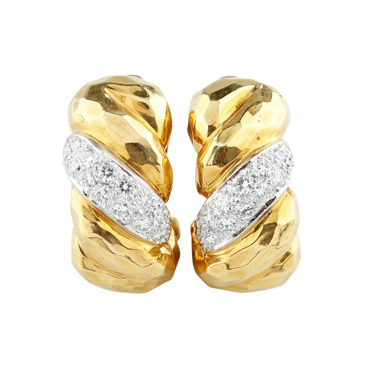 Round Cut 1.50 Carat Diamond Huggie Clip-On Earrings in Platinum and Yellow Gold For Sale