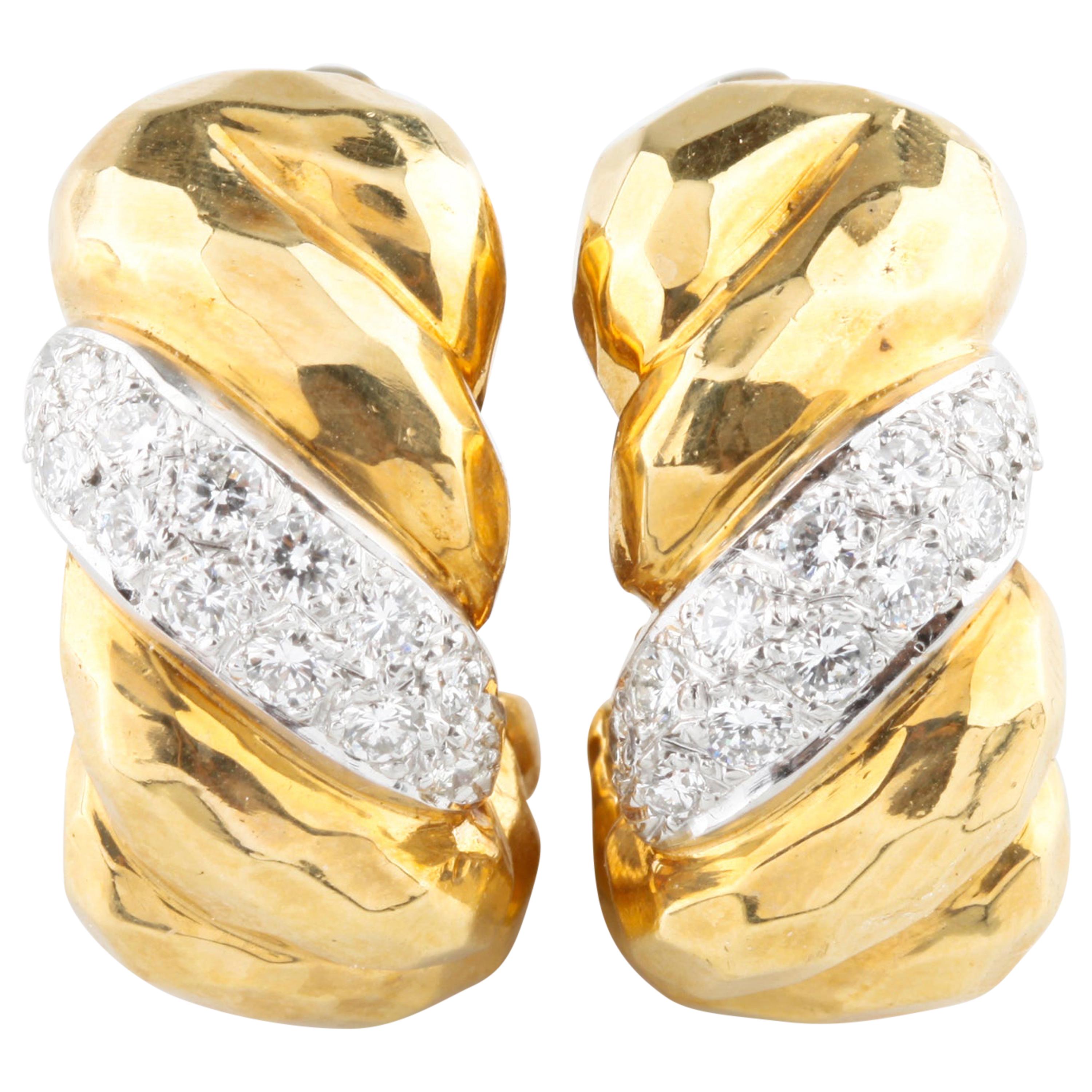 1.50 Carat Diamond Huggie Clip-On Earrings in Platinum and Yellow Gold For Sale