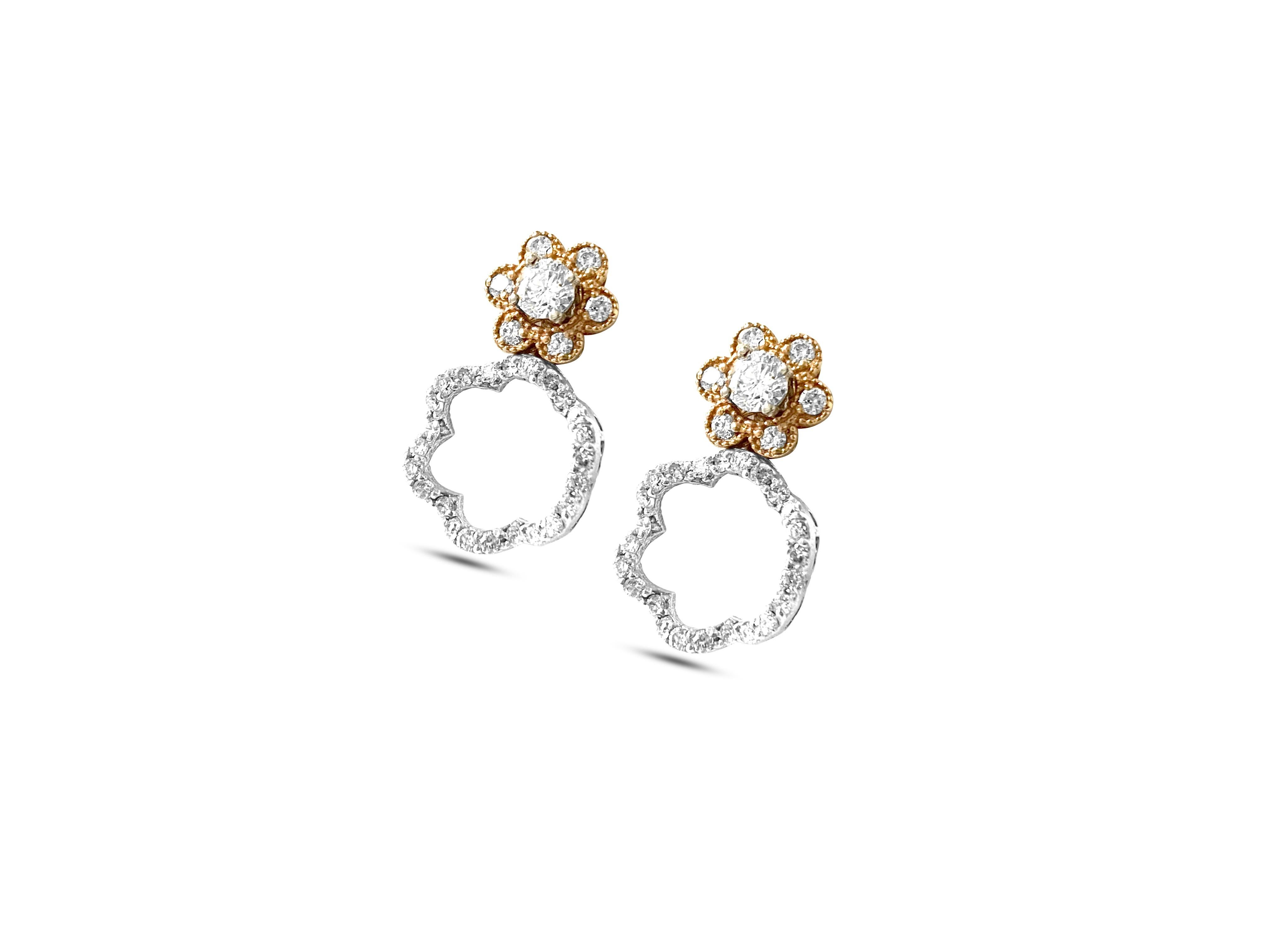 Metal: 14K white and rose gold (two tone)

Diamond: 1.50cwt. VS clarity and G color. 100% natural earth mined diamonds. Round brilliant cut.

Can be styled 4 ways. Dangle, Studs with bezel, flower style studs and simple but classic solitaire