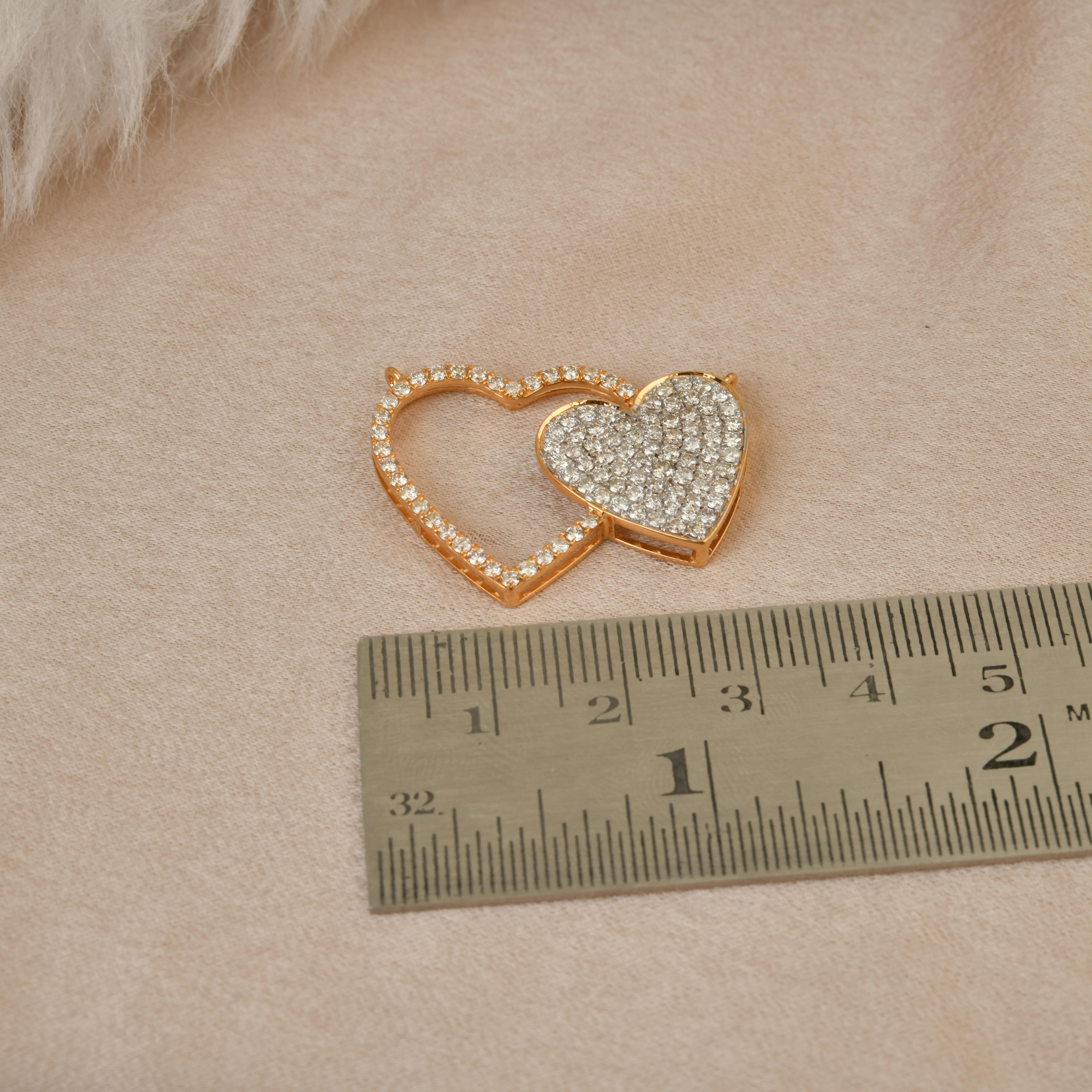 Round Cut 1.50 Carat Diamond Pave Double Heart Charm Pendant Solid 14k Yellow Gold Jewelry For Sale