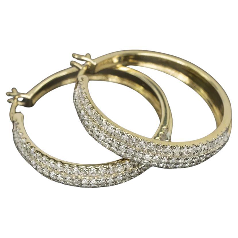 1.50 Carat Diamond Pave Hoop Earrings 10k Yellow Gold For Sale