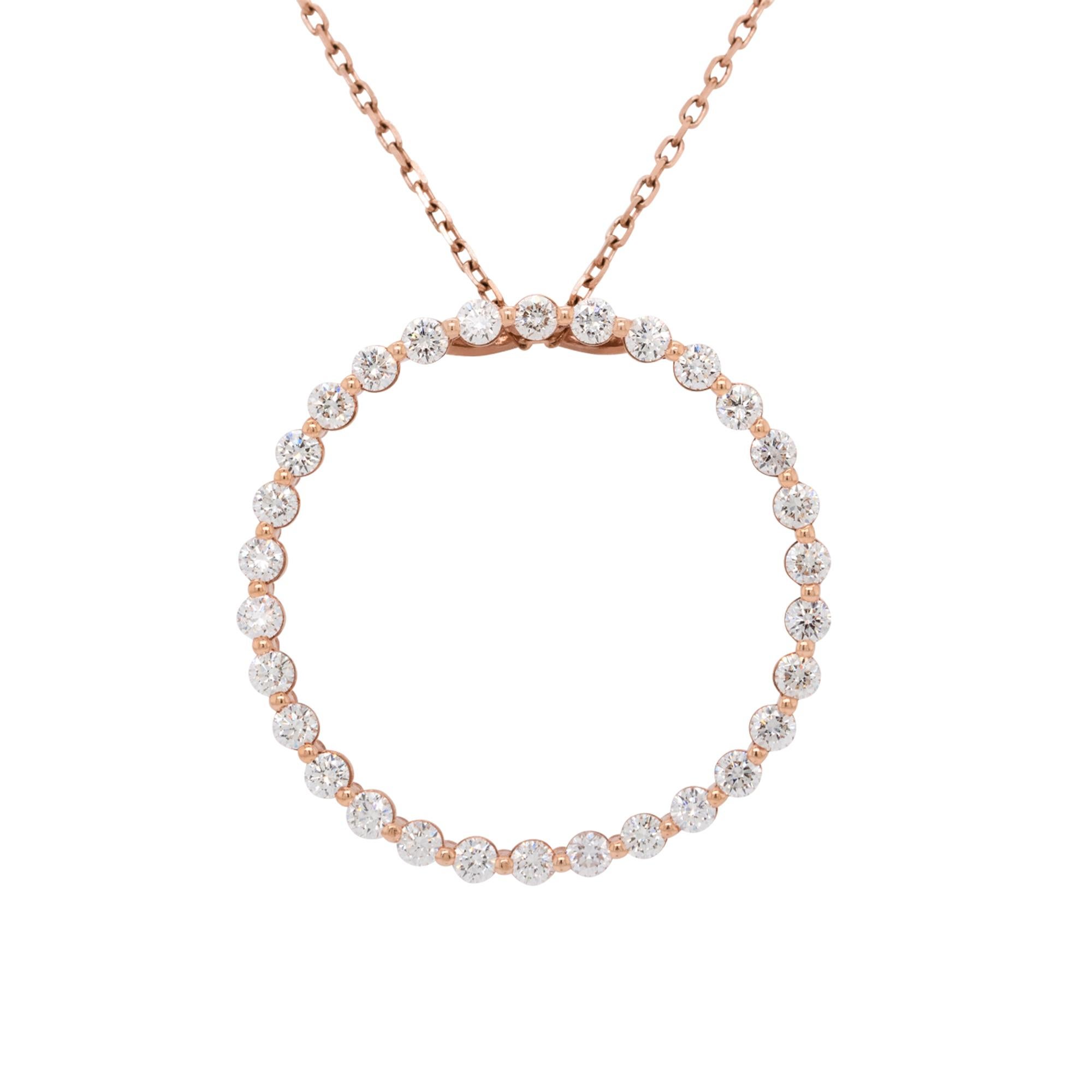 Material: 14k rose gold
Diamond Details: Approx. 1.50ctw of round cut Diamonds. Diamonds are G/H in color and VS in clarity
Length:1 6 inches long
Total Weight: 4.8g (3.1dwt) 
Pendant Measurements: 29.50mm x 29.50mm x 3.30mm
Additional details: Item