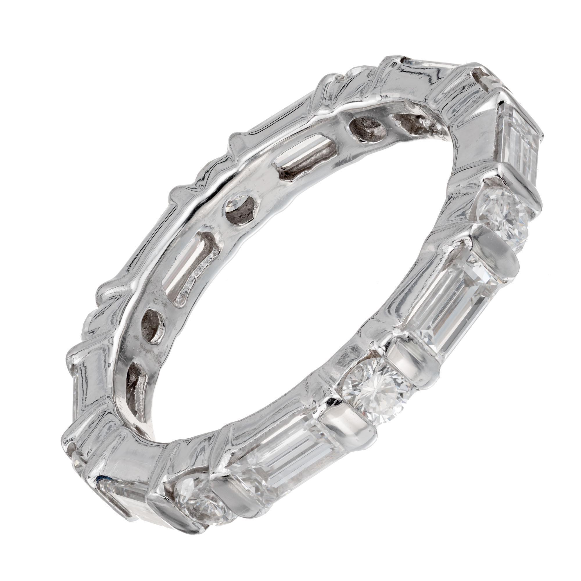 Bar set baguette and round alternating diamond eternity band in solid platinum 

8 straight baguette diamonds G-H VS-SI, approx.  1.04cts 
8 round brilliant cut diamonds G-H VS-SI, approx. .46cts
Size 5.25 and not easily sizable 
Platinum 
4.7