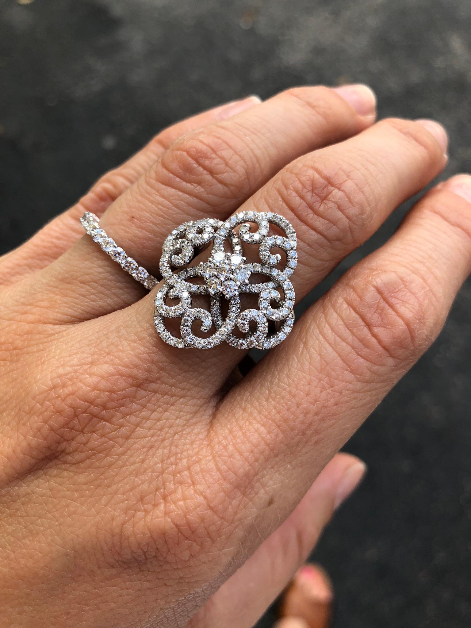 Women's or Men's 1.50 Carat Diamond Swirls Clover Statement Ring