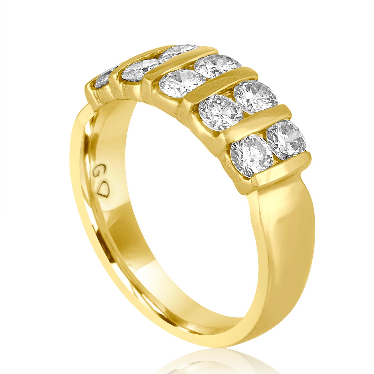 Beautiful 2 Row Diamond Half Band
The ring is 14K Yellow Gold
There are 1.50 Carats In Diamonds F SI
The band is 6.31mm and tapers down to 3.27mm.
The ring is a size 6.5, sizable.
The ring weighs 4.15 grams.