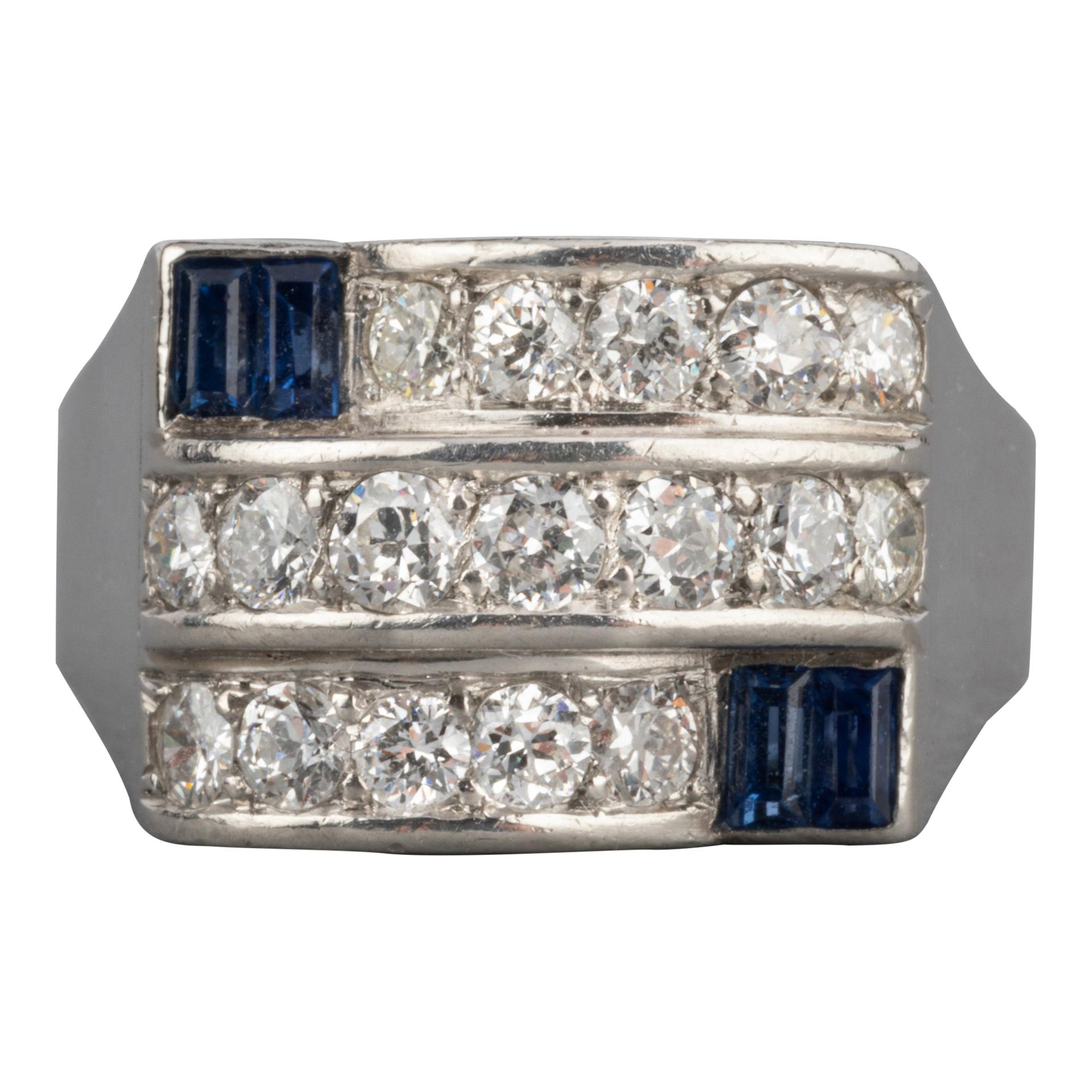 1.50 Carat Diamonds and Sapphires French Art Deco Ring For Sale