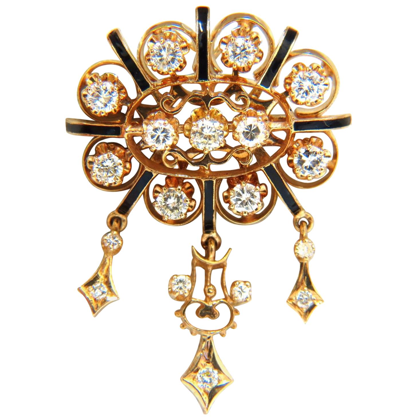 Broche pendentif à pompon en or 14 carats avec diamants de 1,50 carat, années 1960