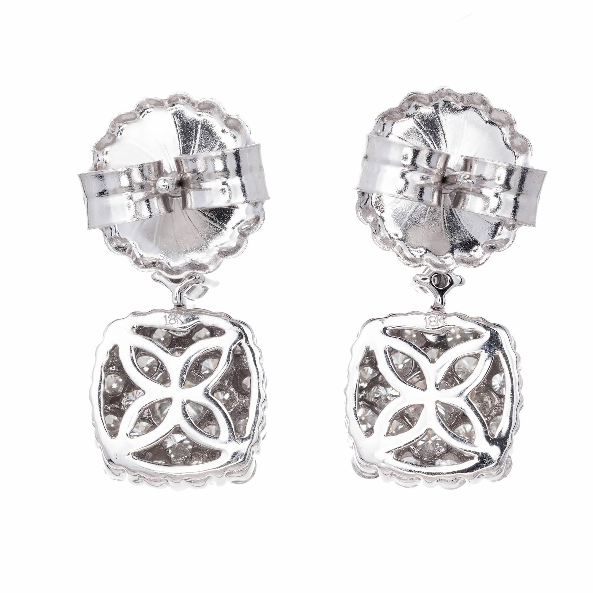 Round Cut 1.50 Carat Double Diamond Gold Cluster Dangle Earrings For Sale