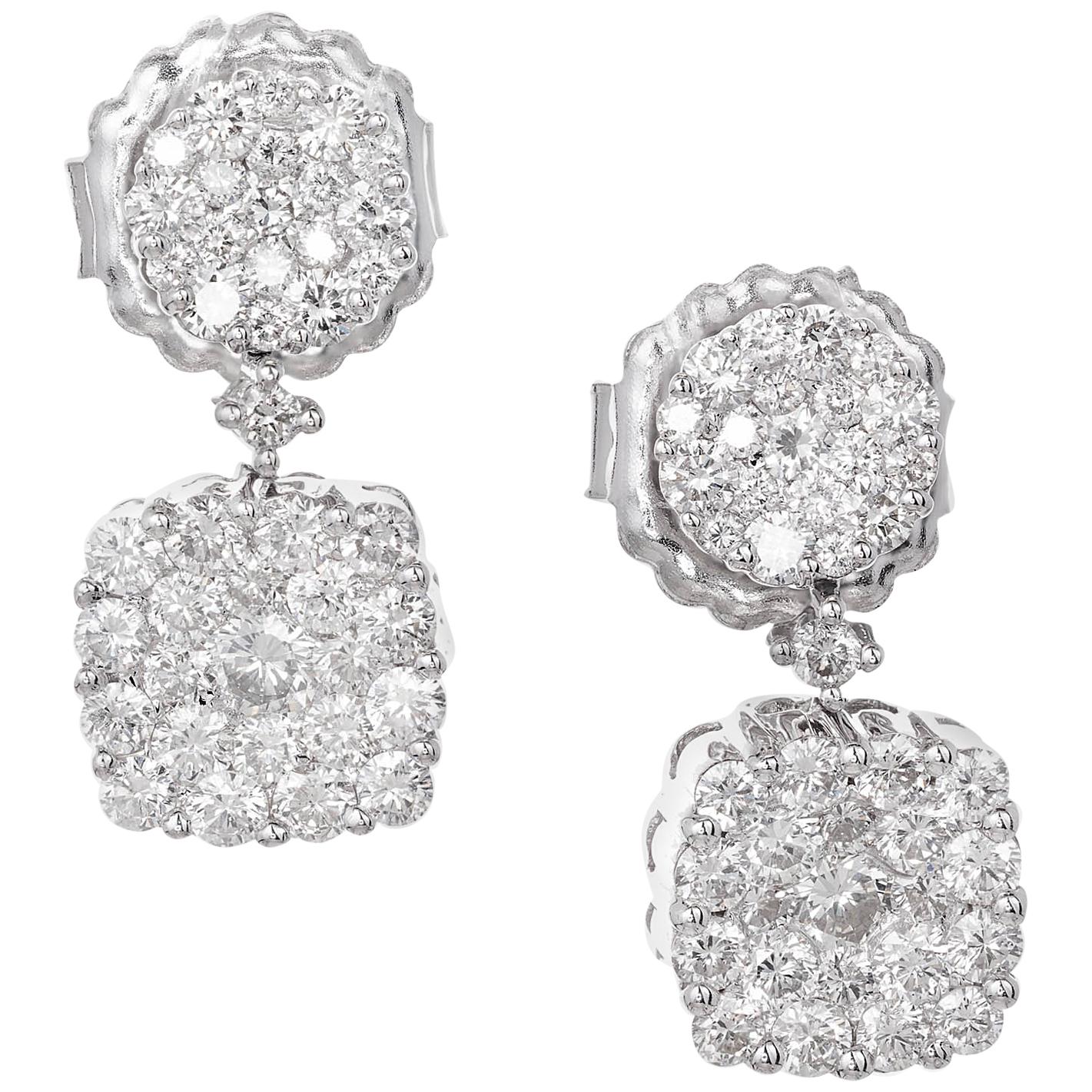 1.50 Carat Double Diamond Gold Cluster Dangle Earrings For Sale