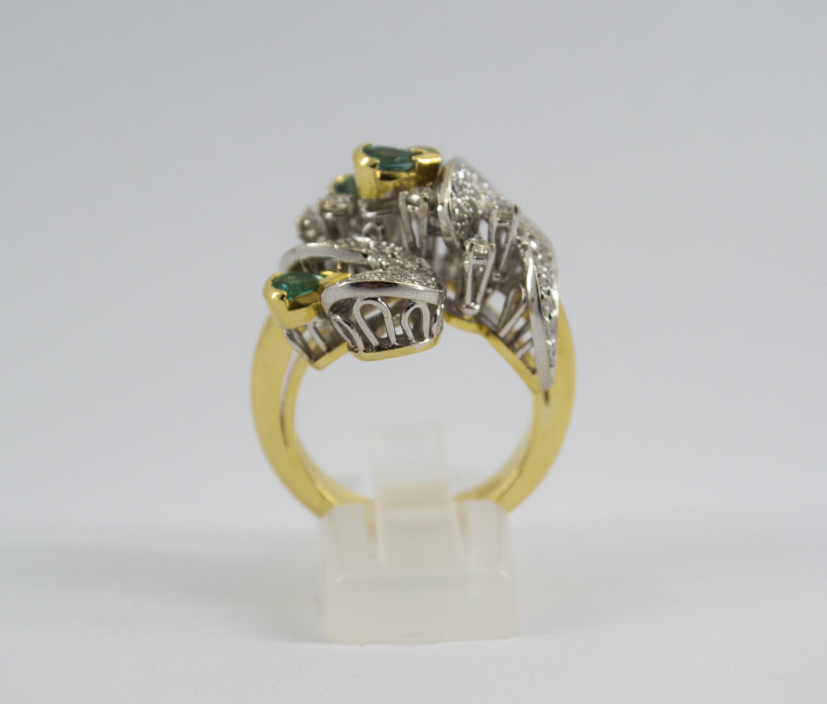 Art Nouveau 1.50 Carat Emerald 1.0 Carat Diamond Yellow Gold Cocktail Ring
