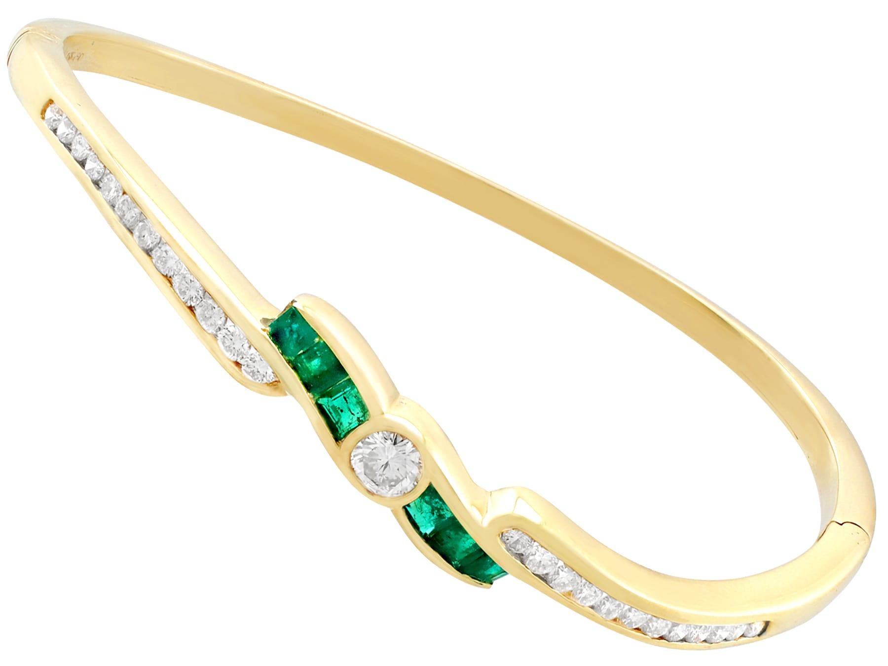 Square Cut 1.50 Carat Emerald and 1.36 Carat Diamond Bangle in 18K Yellow Gold For Sale