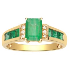 1.50 Carat Emerald and Square Cut Emerald and Diamond 10K Yellow Gold Ring
