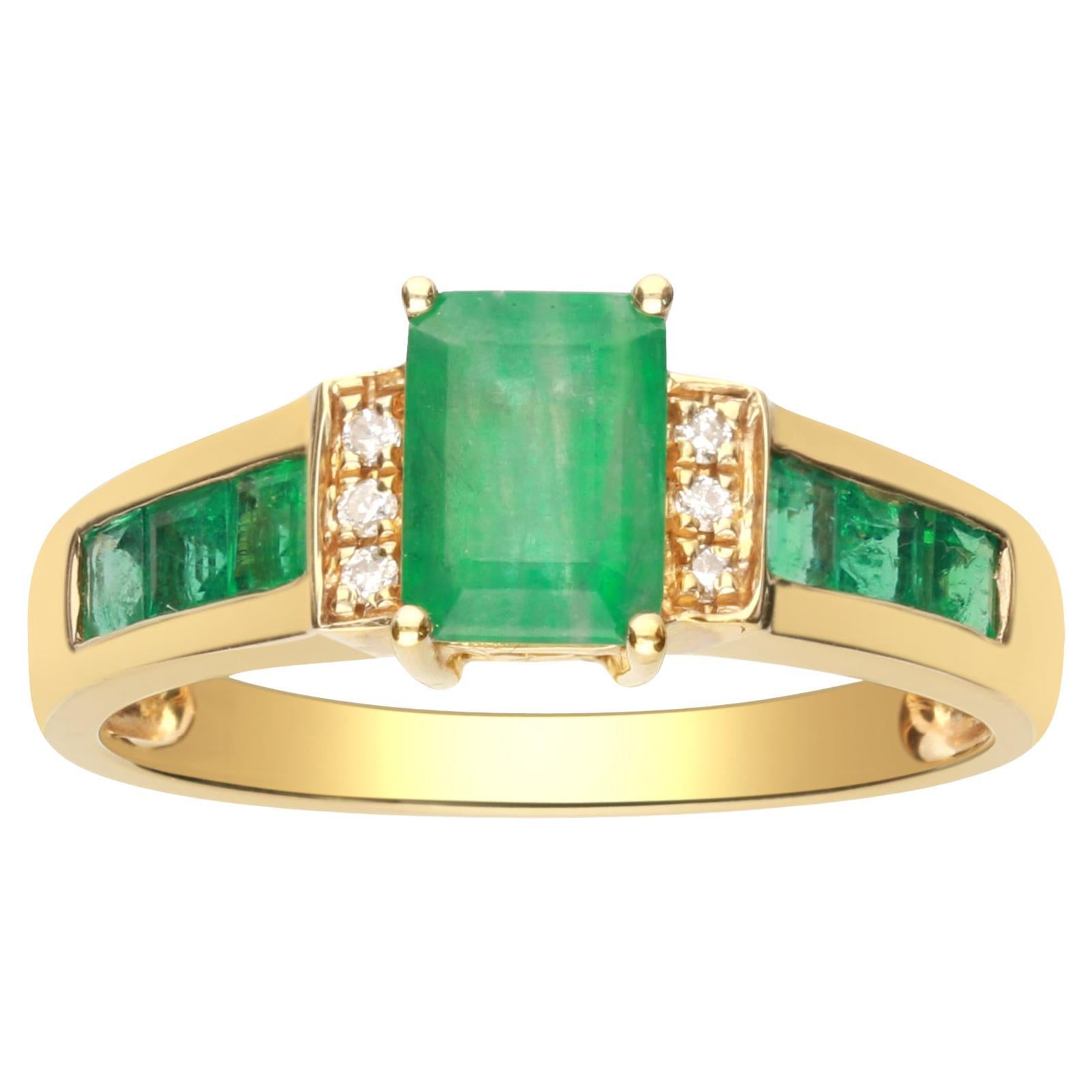 1.50 Carat Emerald and Square Cut Emerald and Diamond 10K Yellow Gold Ring For Sale