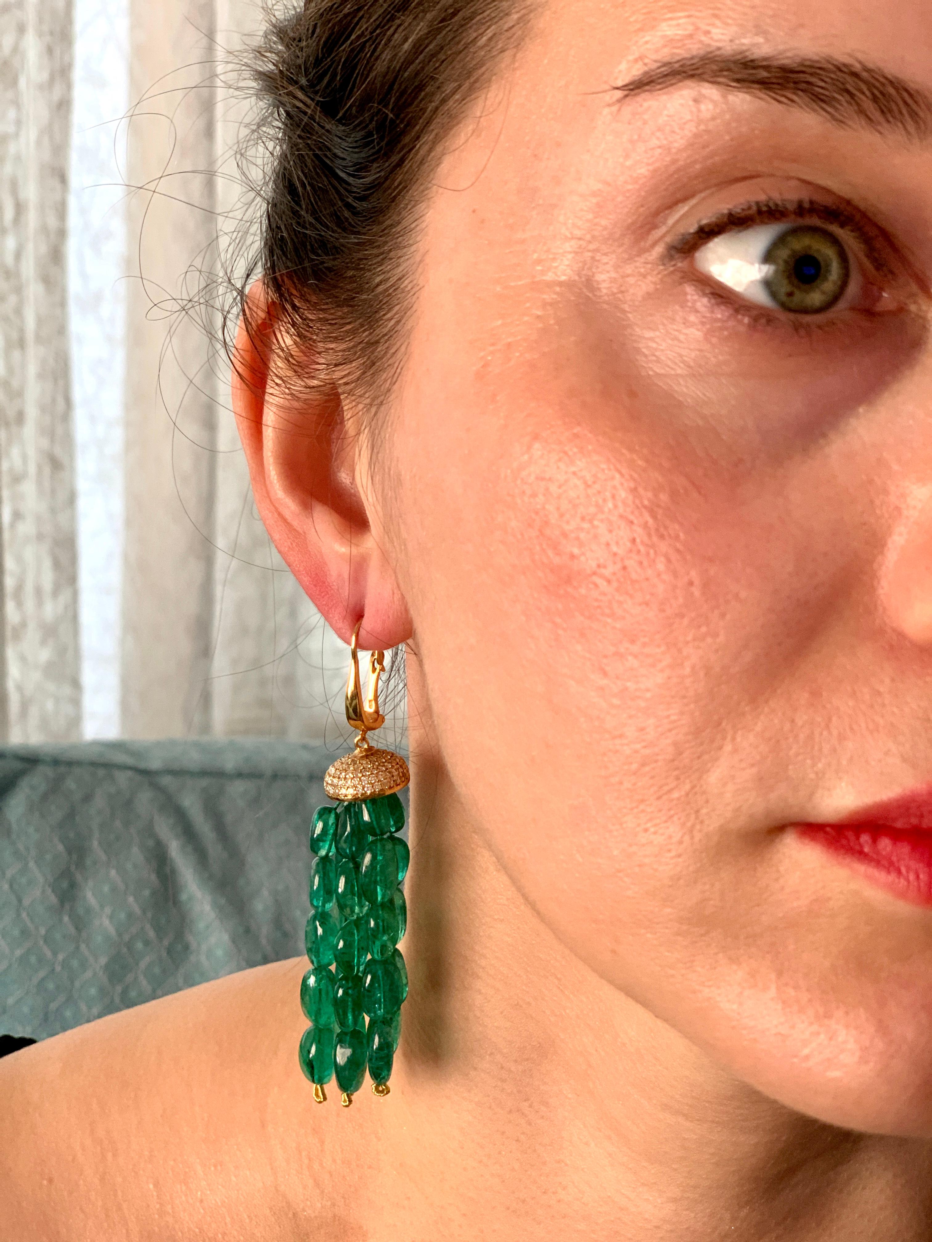 150 Carat Emerald Beads and Diamond Hanging/ Drop Earrings 14 Karat Yellow Gold For Sale 3