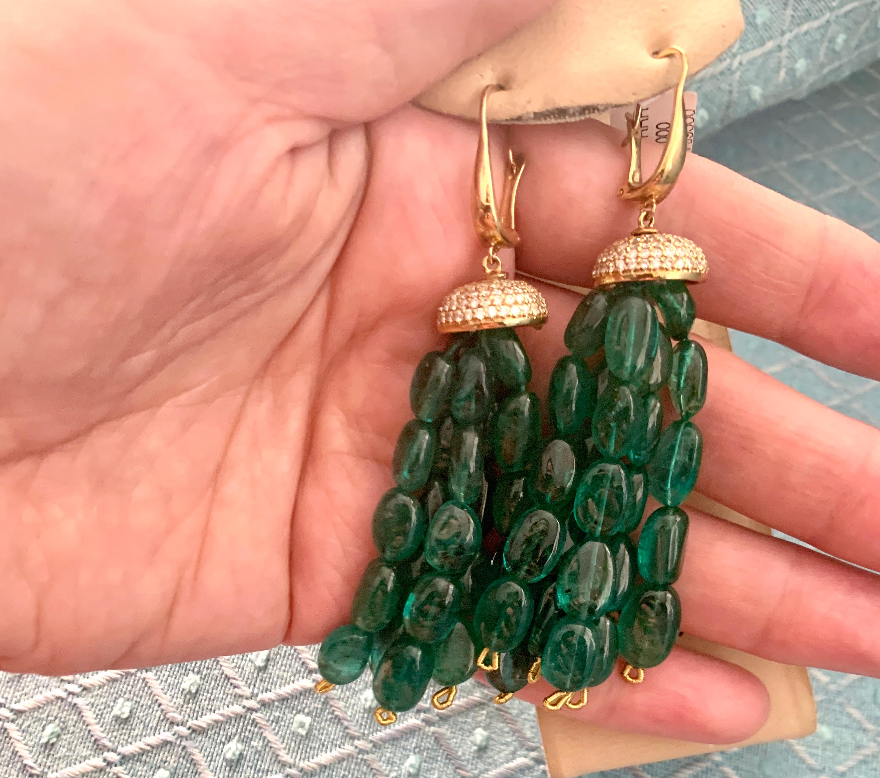 150 Carat Emerald Beads and Diamond Hanging/ Drop Earrings 14 Karat Yellow Gold For Sale 4