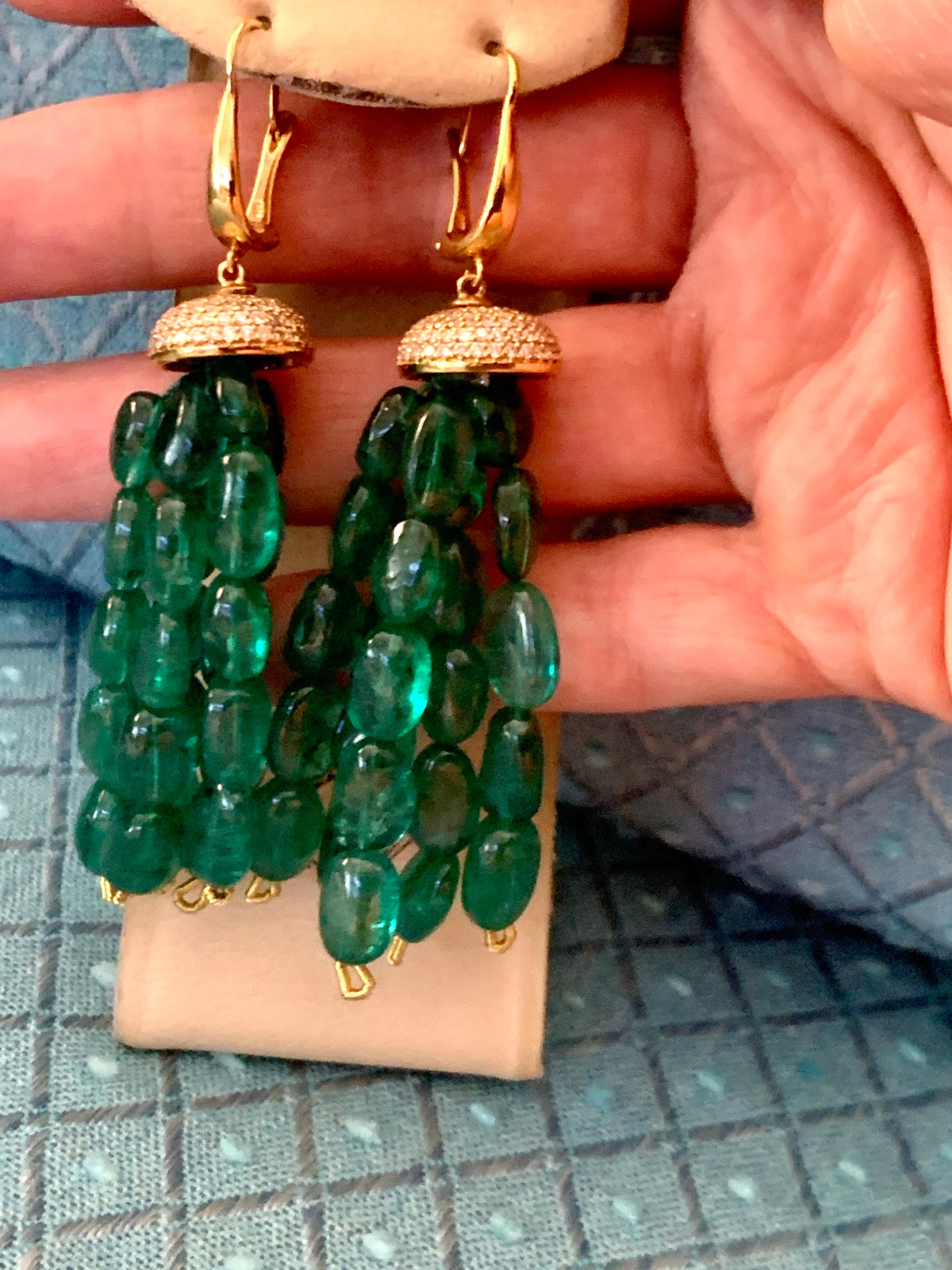 150 Carat Emerald Beads and Diamond Hanging/ Drop Earrings 14 Karat Yellow Gold For Sale 5