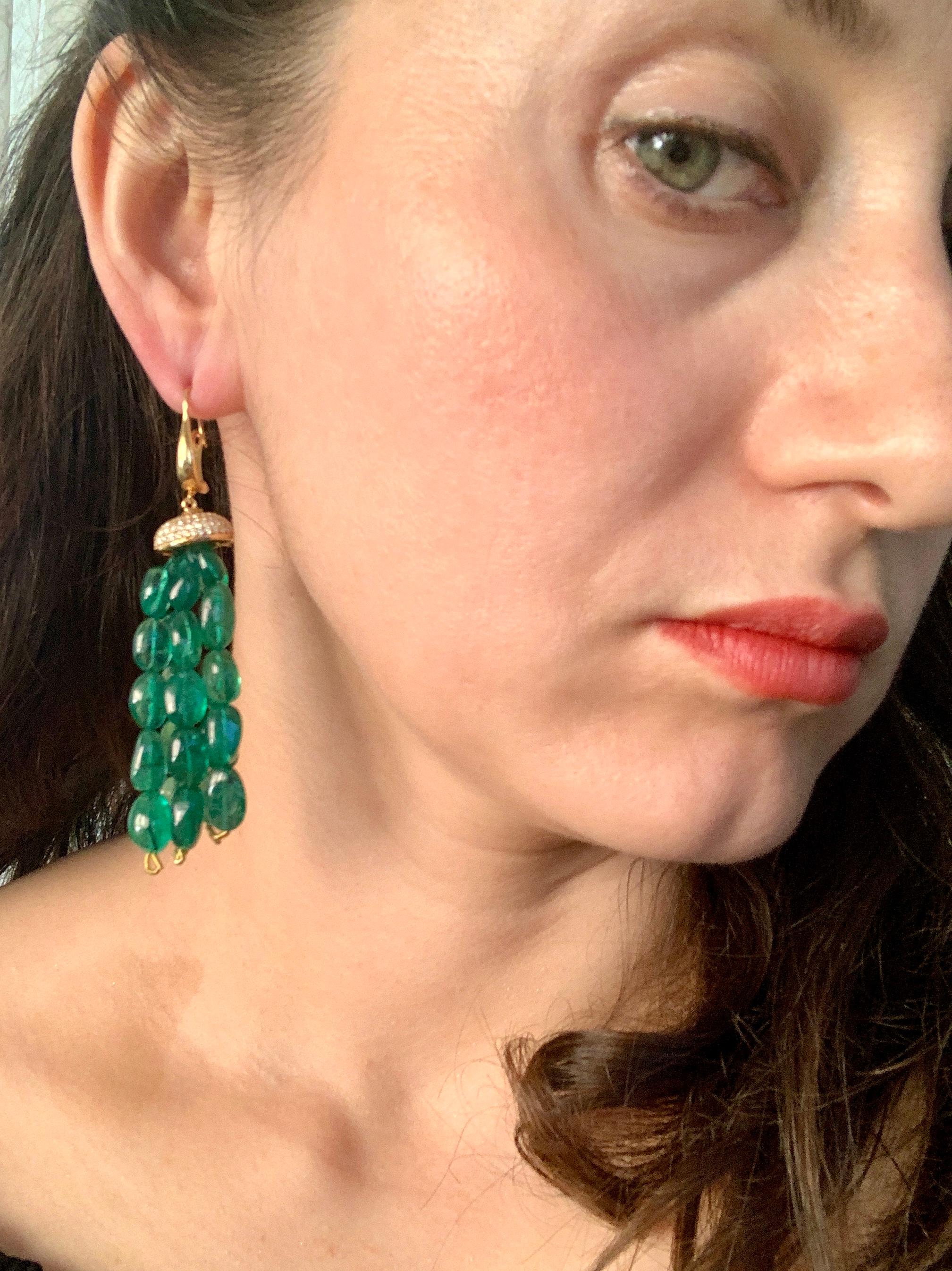 Women's 150 Carat Emerald Beads and Diamond Hanging/ Drop Earrings 14 Karat Yellow Gold For Sale