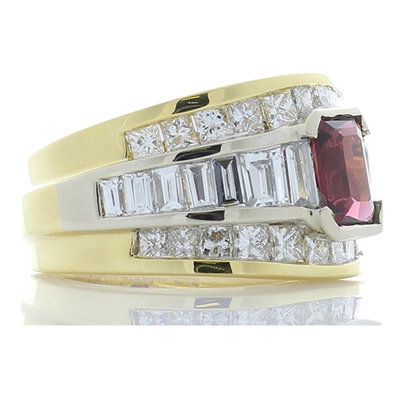 1.50 Carat Emerald Cut Rhodolite Garnet and Diamond Dual Tone Cocktail Ring In New Condition In Chicago, IL