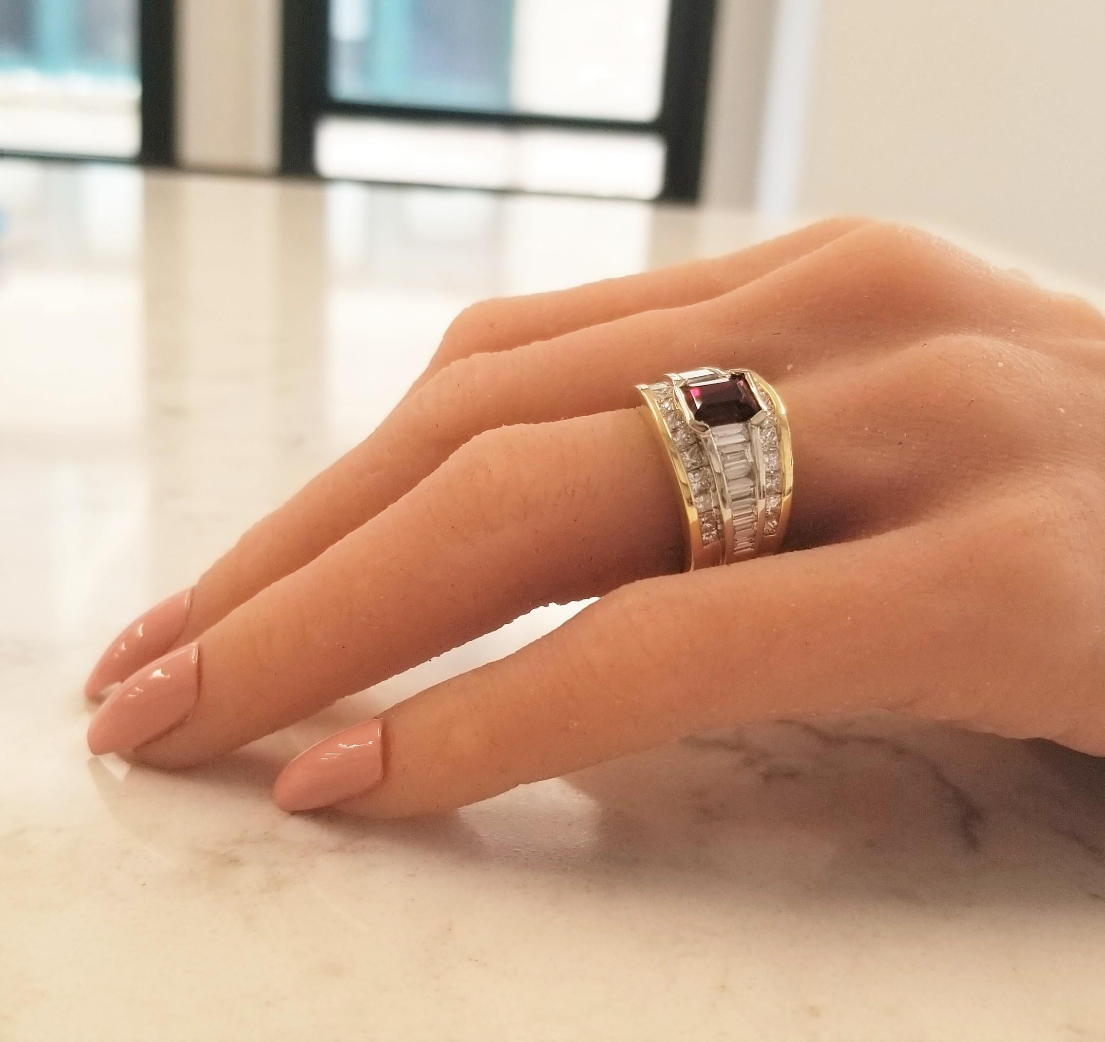 1.50 Carat Emerald Cut Rhodolite Garnet and Diamond Dual Tone Cocktail Ring 1