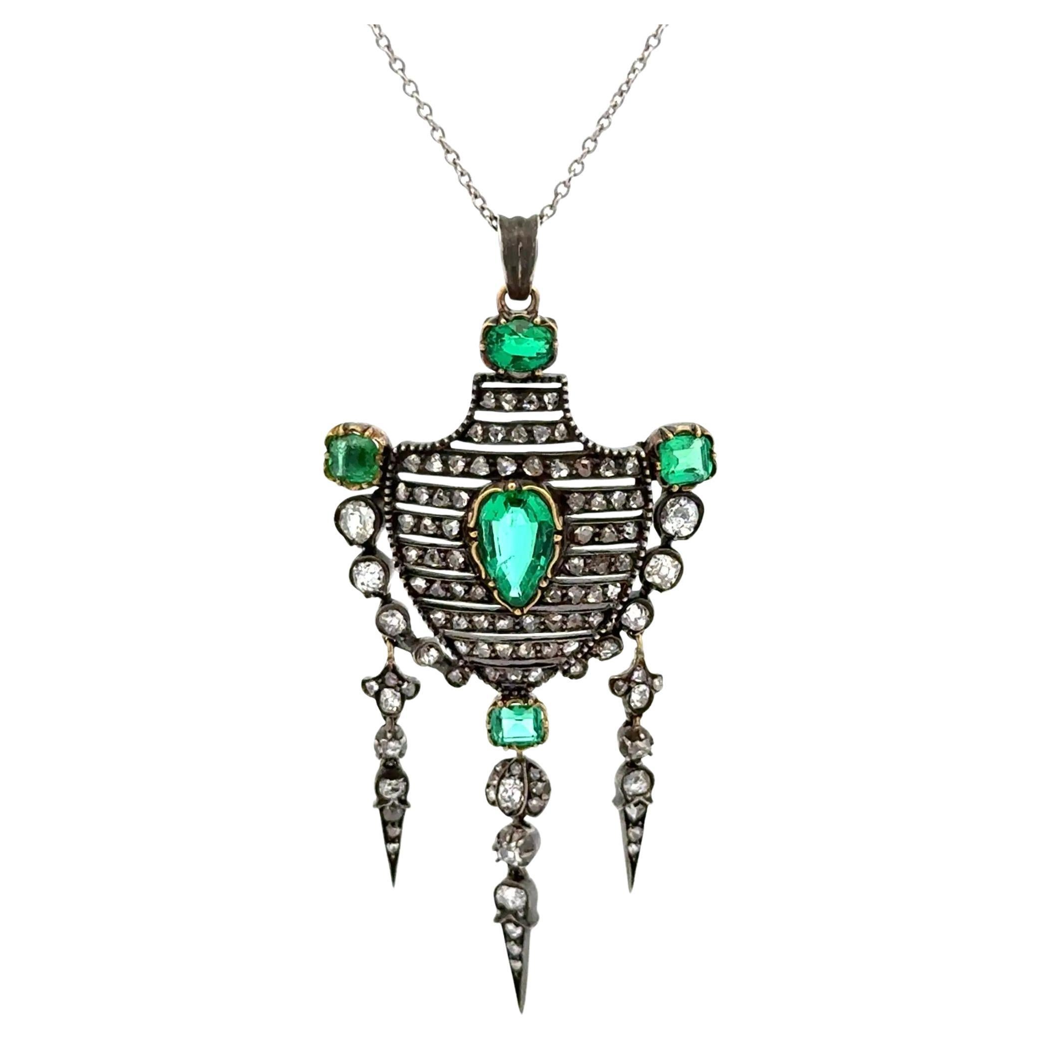 1.50 Carat Emerald GIA and Diamond Silver on Gold Victorian Pendant Necklace