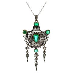 1.50 Carat Emerald GIA and Diamond Silver on Gold Victorian Pendant Necklace