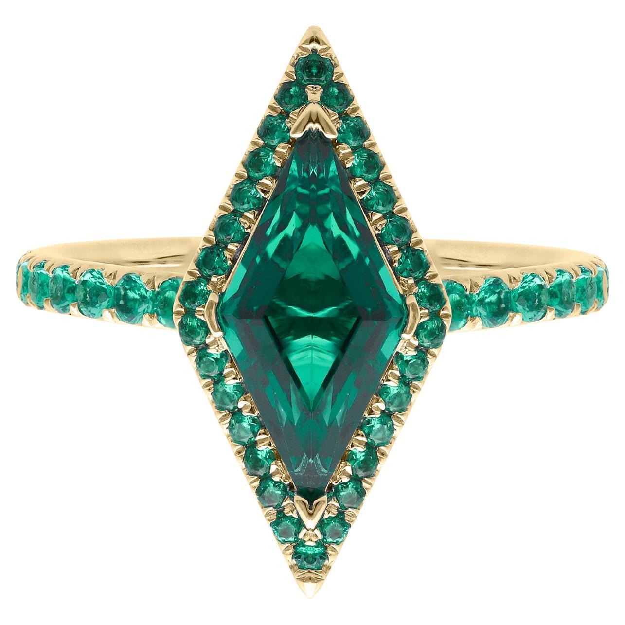1.50 Carat Emerald Lozenge Ring, Green, Round Emerald Pave, 10kt Yellow Gold