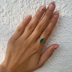 1.50 Carat Emerald Lozenge Ring, Green, Round Emerald Pave, 18kt White Gold