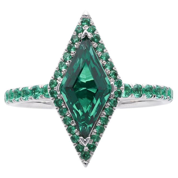 1.50 Carat Emerald Lozenge Ring, Green, Round Emerald Pave, 18kt White Gold