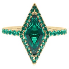1.50 Carat Emerald Lozenge Ring, Green, Round Emerald Pave, 18kt Yellow Gold