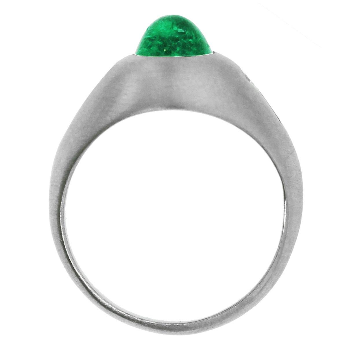 Material 	Platinum
Gemstone Details: Approximately 1.50ct emerald cabochon gemstone
Diamond Details: Approximately 0.30ctw baguette and marquise accent diamonds. Accent diamonds are H/I in color and SI1-SI2 in clarity.
Ring Size: 6 (can be