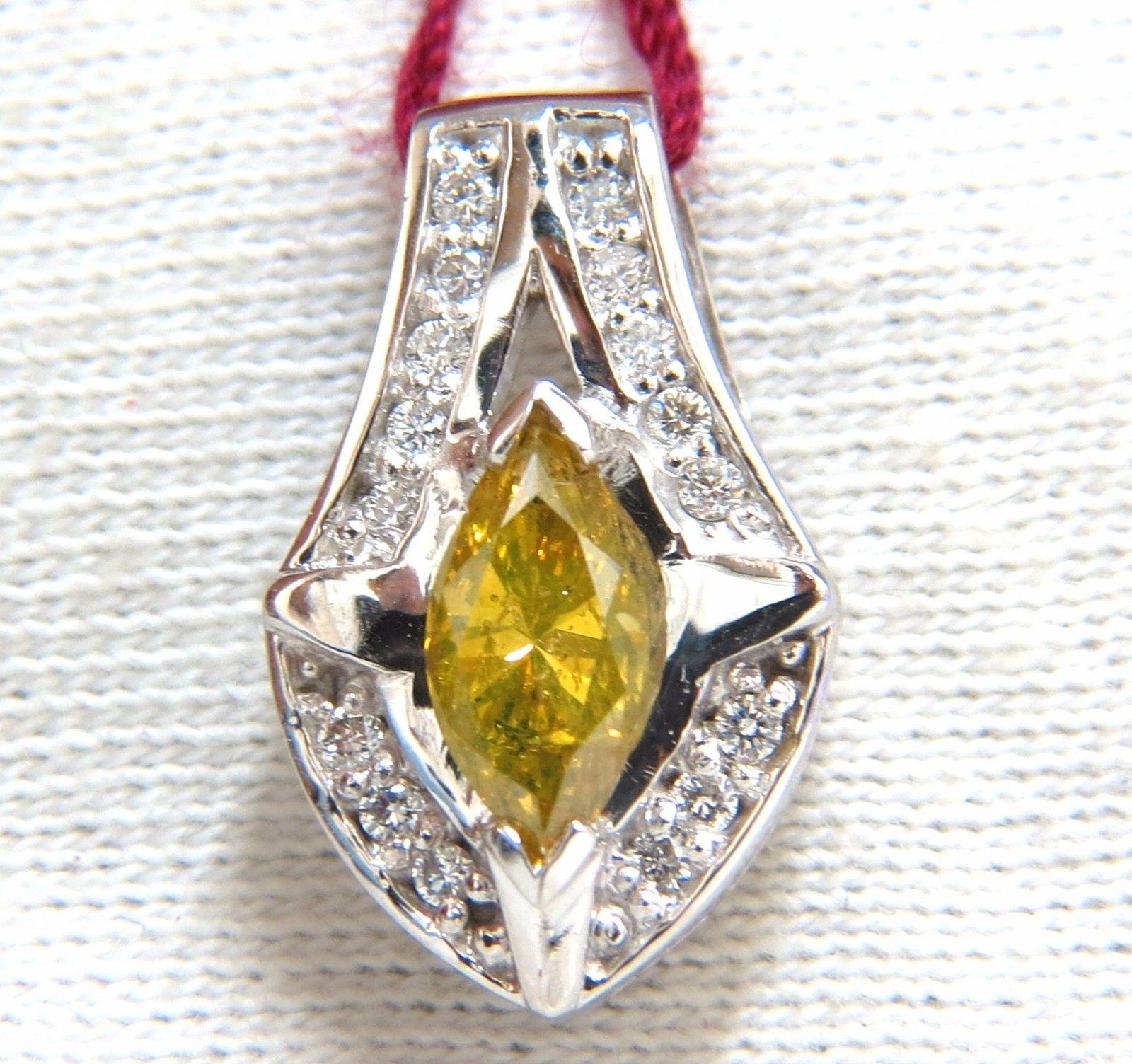 Marquise Cut 1.50 Carat Enhanced Fancy Yellow Diamond Marquise Shield Pendant 14 Karat