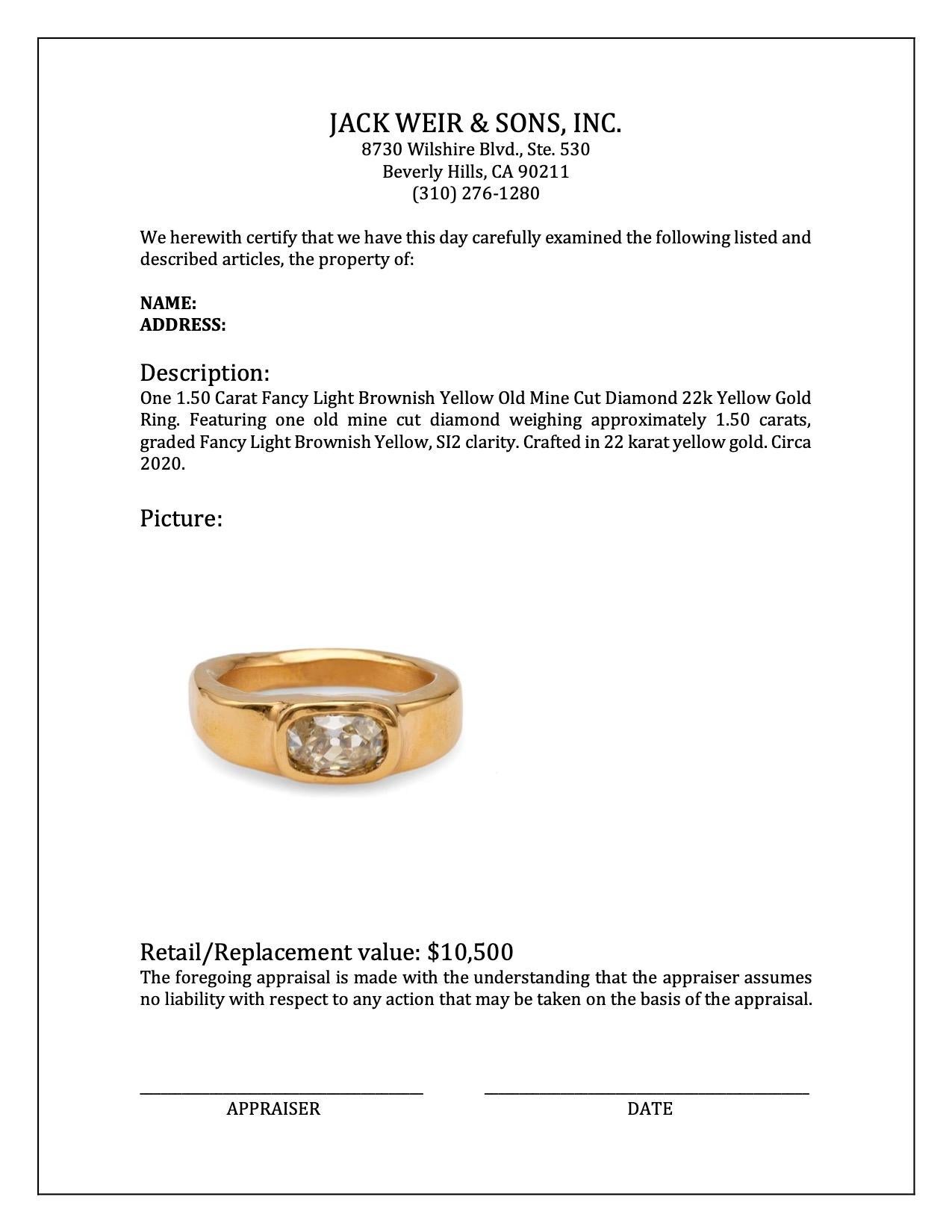 1.50 Carat Fancy Light Brownish Yellow Old Mine Cut Diamond 22k Yellow Gold Ring For Sale 1