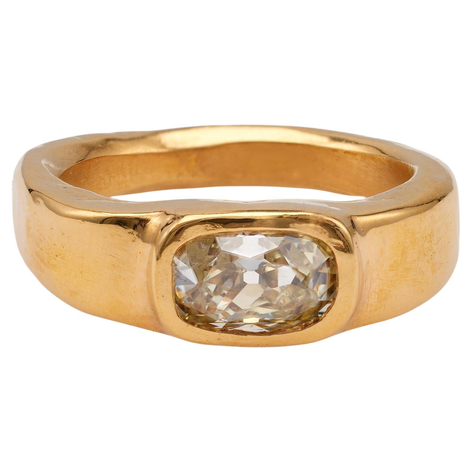 1.50 Carat Fancy Light Brownish Yellow Old Mine Cut Diamond 22k Yellow Gold Ring For Sale
