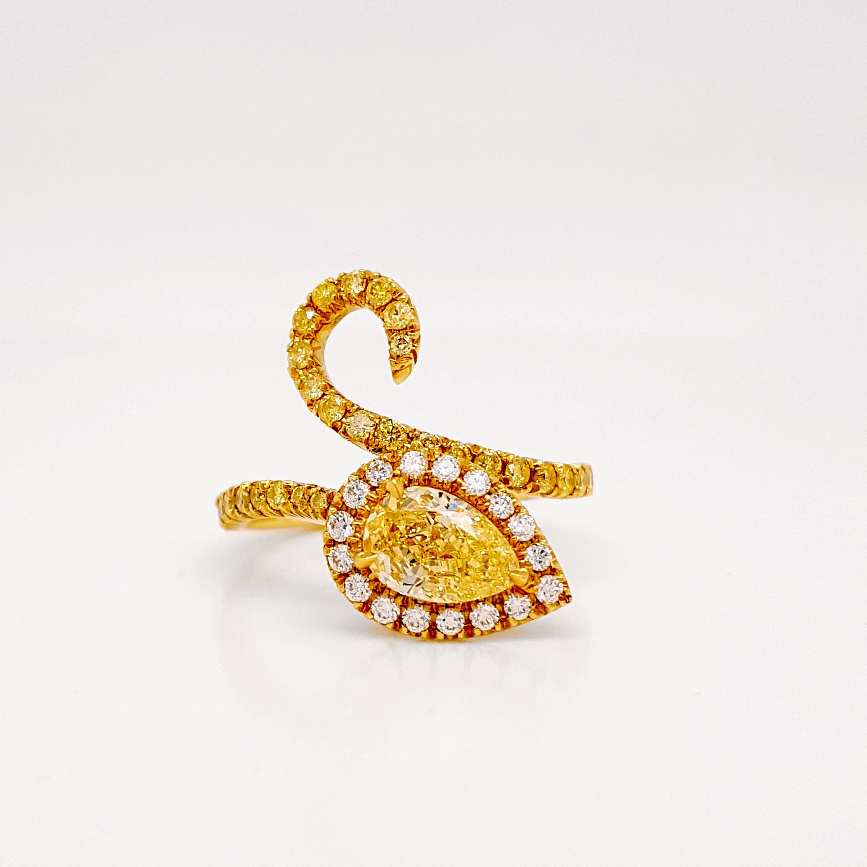 Pear Cut 1.50 Carat Fancy Yellow Diamond and Pave’ diamonds Cocktail Ring, GIA Certified. For Sale
