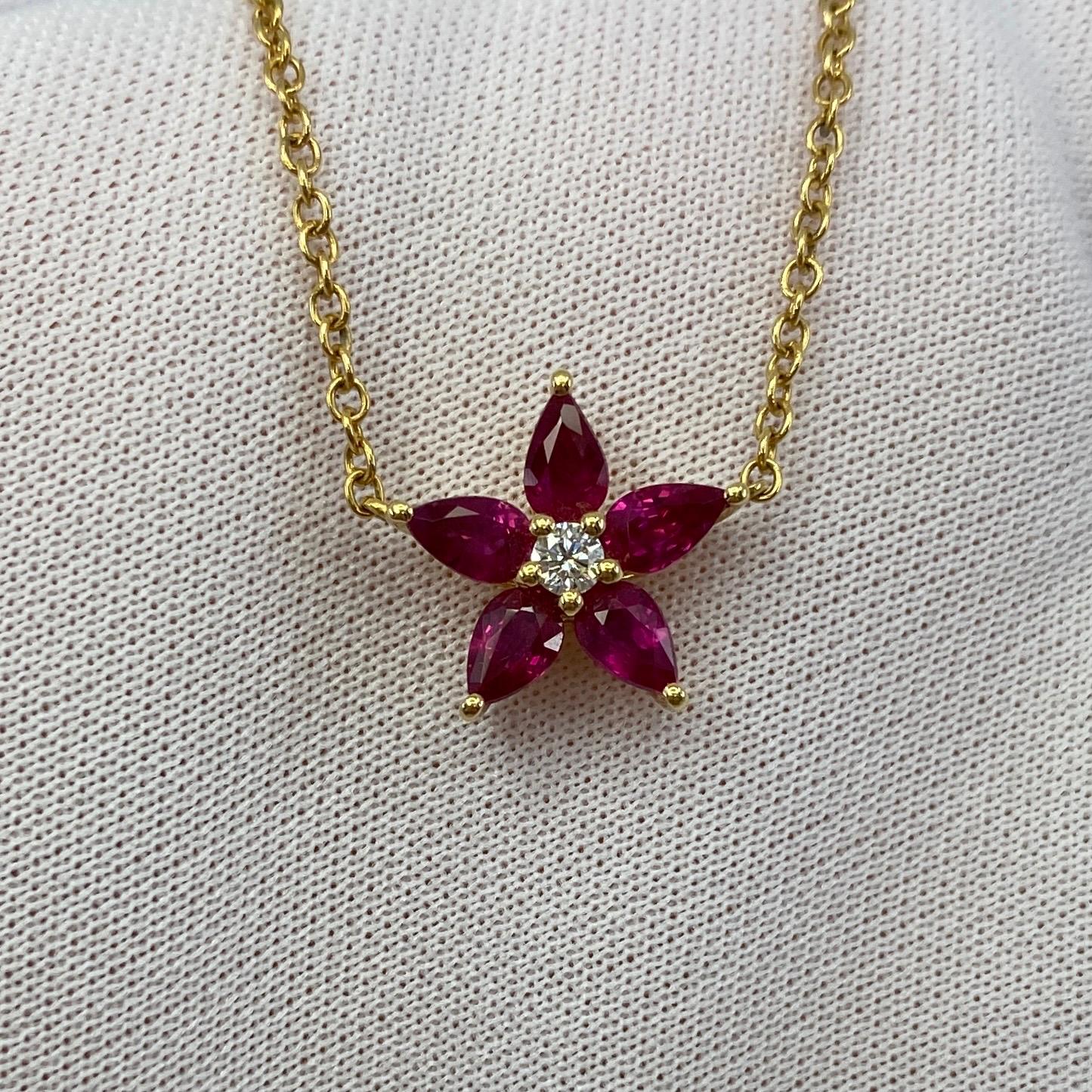 1.50 Carat Fine Deep Red Ruby & Diamond 18k Yellow Gold Flower Pendant Necklace 5