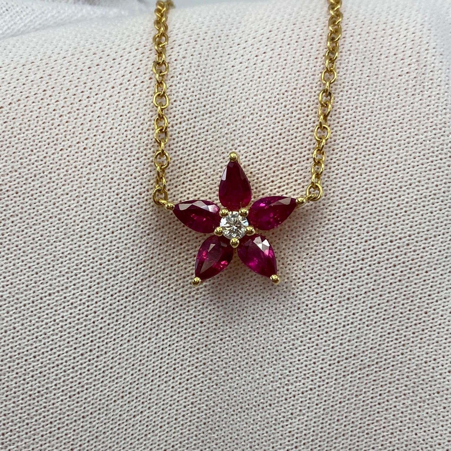 Pear Cut 1.50 Carat Fine Deep Red Ruby & Diamond 18k Yellow Gold Flower Pendant Necklace