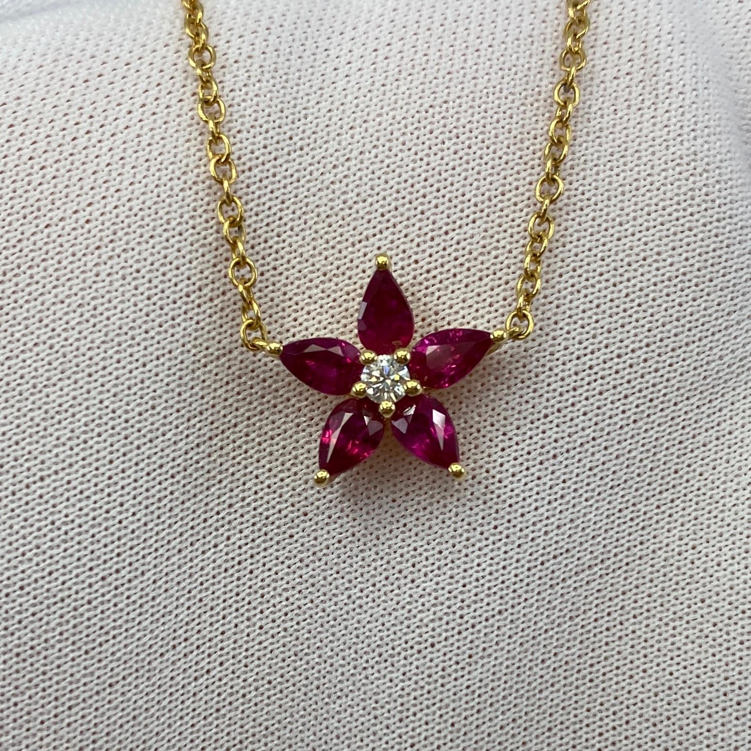 1.50 Carat Fine Deep Red Ruby & Diamond 18k Yellow Gold Flower Pendant Necklace 1