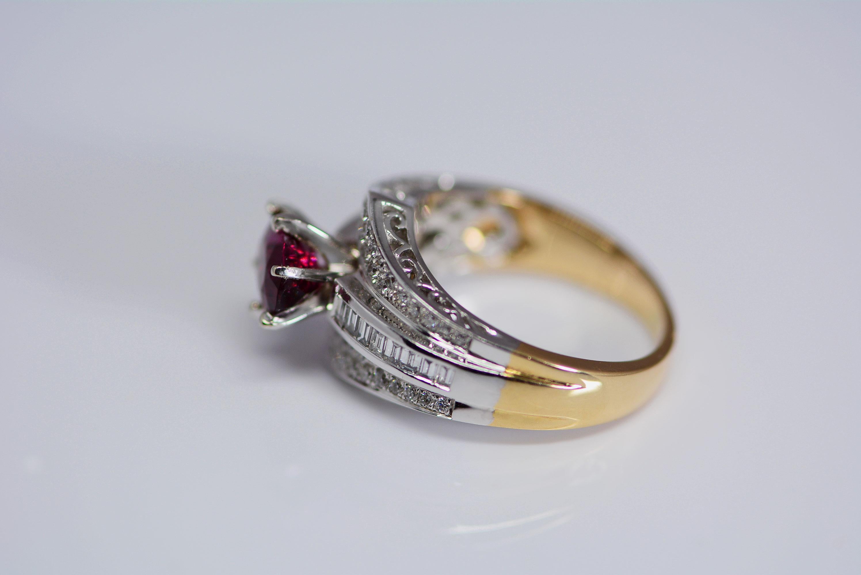 Contemporary 1.50 Carat Garnet and Diamond 14 Karat Yellow and White Gold Handmade Ring For Sale