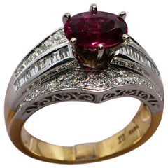 1.50 Carat Garnet and Diamond 14 Karat Yellow and White Gold Handmade Ring