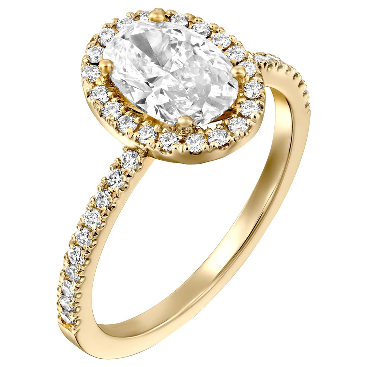 1.50 Carat GIA Oval Halo Diamond Ring, 18 Karat Yellow Gold Oval Cut Ring