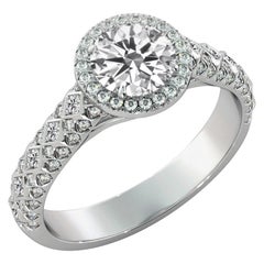 1.50 Carat GIA Round Diamond Engagement Ring, 18 Karat Gold Vintage Halo Ring